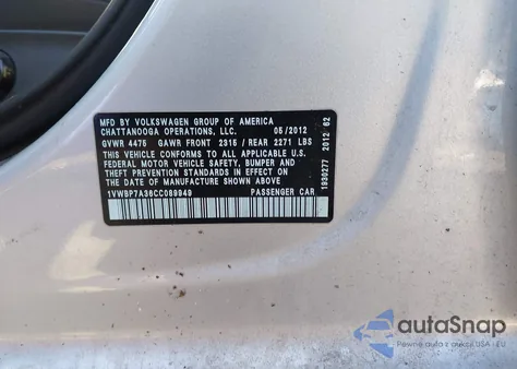 2012 Volkswagen Passat 2.5L Se из США, поврежденный, VIN 1VWBP7A36CC089949